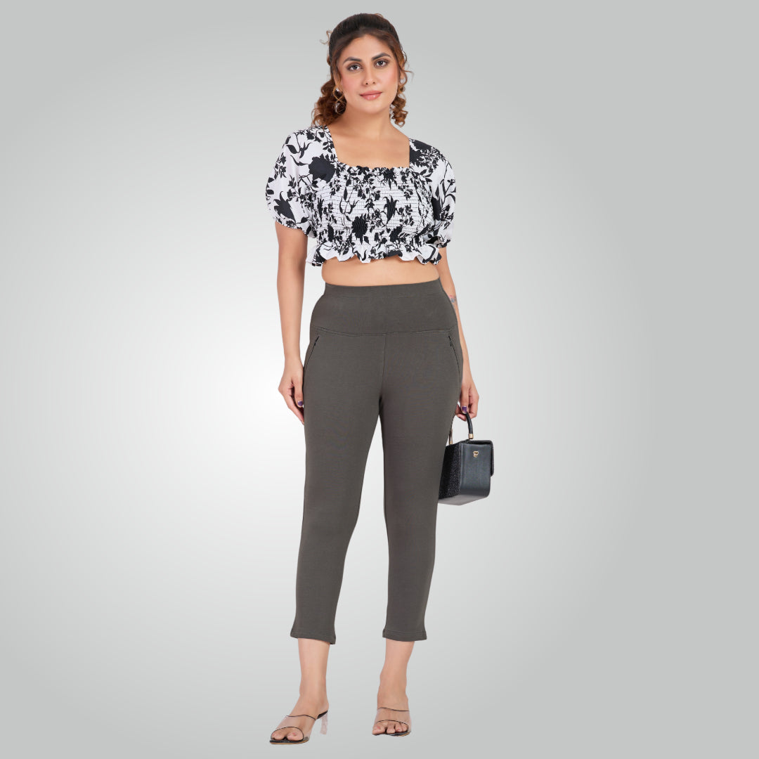 Dark Grey High Waist All Day Cotton Lycra Capris