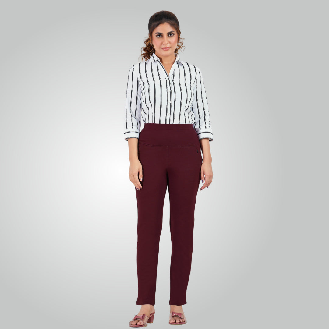Wine High Waist All Day Cotton Lycra Pant