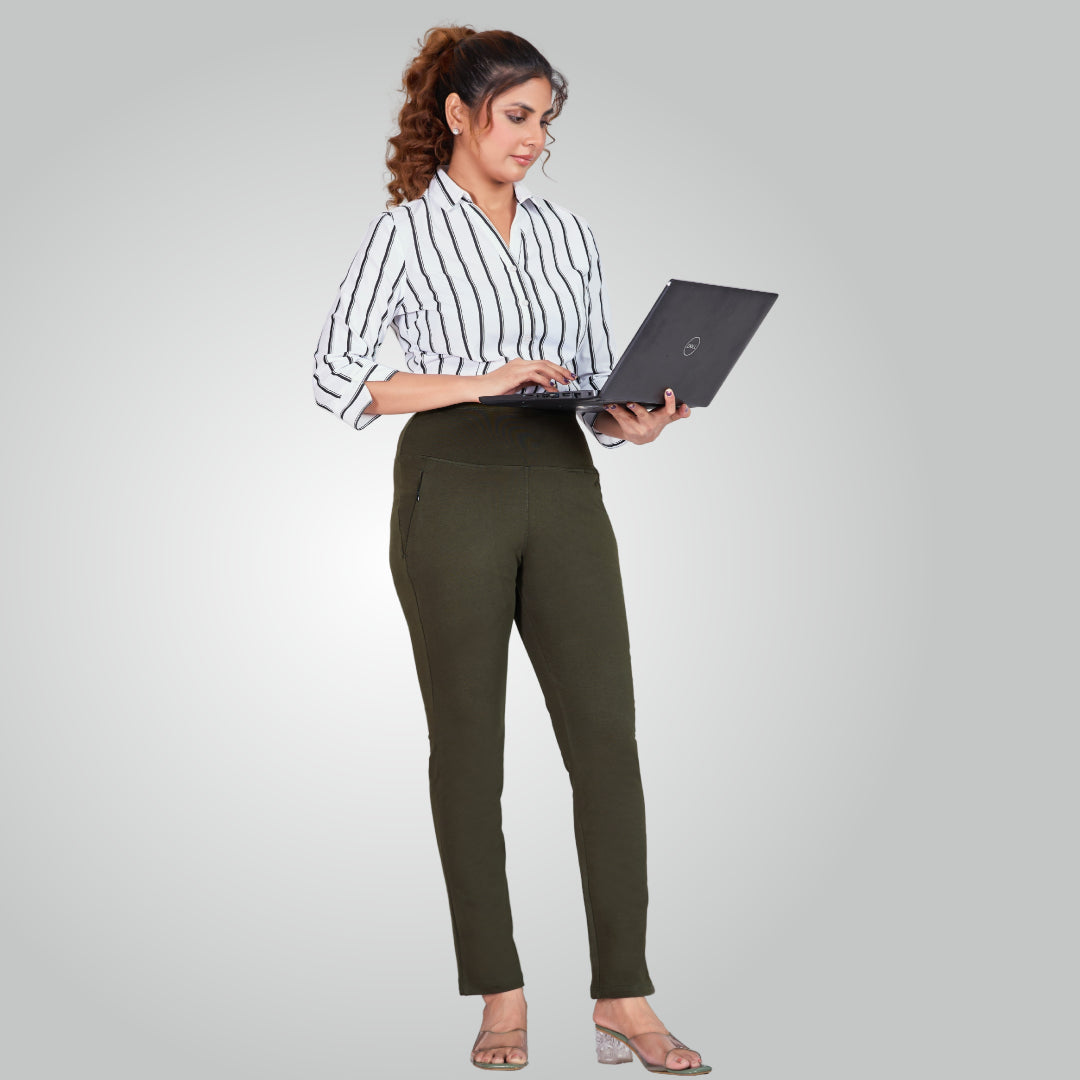 Olive Green High Waist All Day Cotton Lycra Pant