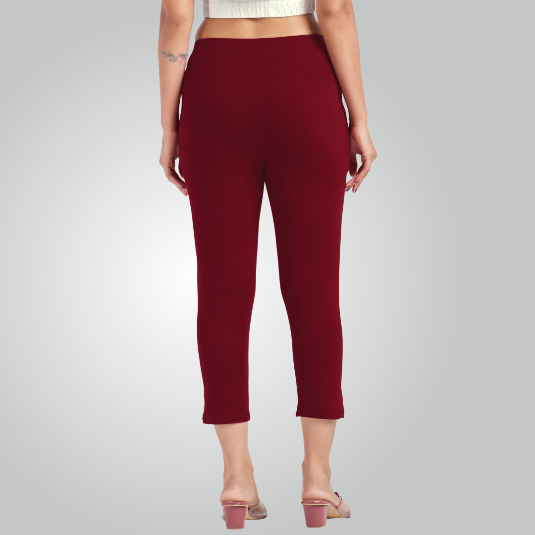 Maroon High Waist All Day Cotton Lycra Capris