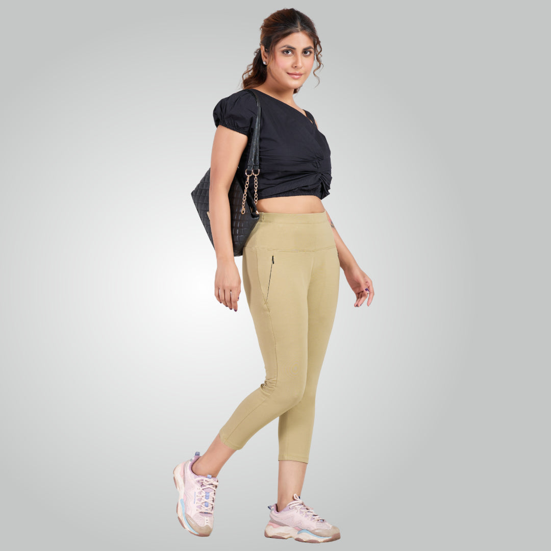 Beige High Waist All Day Cotton Lycra Capris