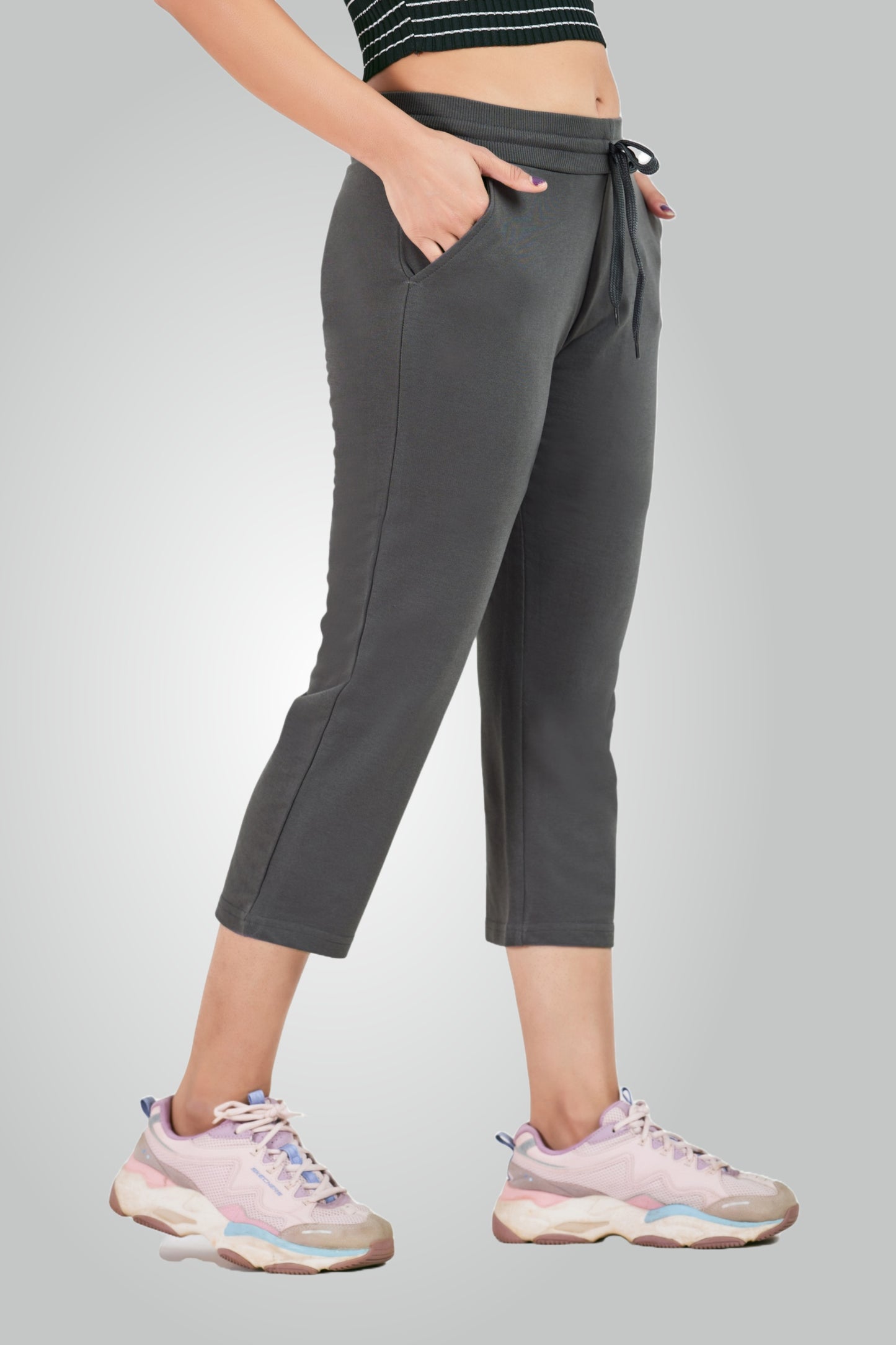 Grey Combed Cotton Lounge Capri For Women