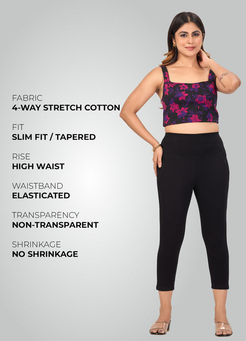 BLACK 4-WAY STRETCH COTTON HIGH WAIST CAPRI