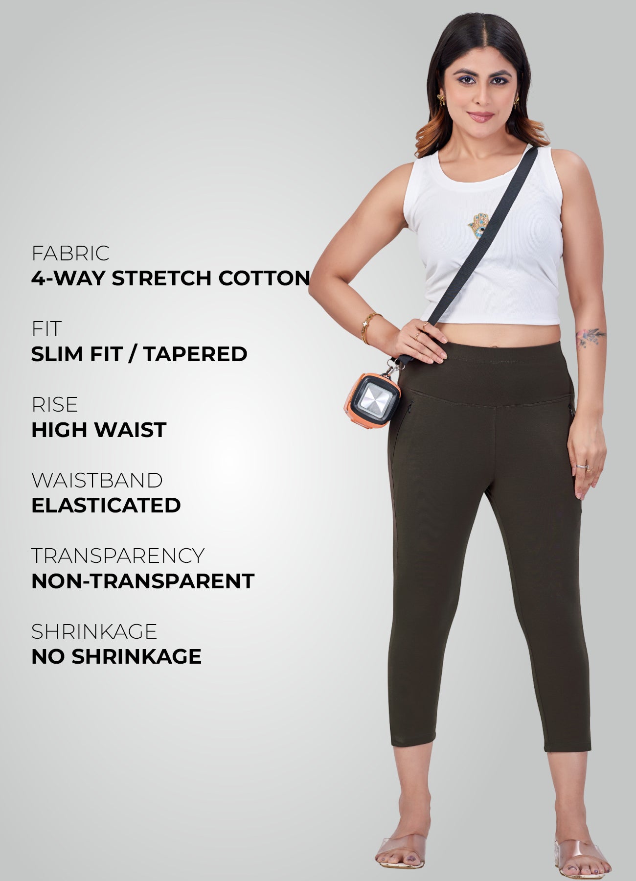 OLIVE GREEN 4-WAY STRETCH COTTON HIGH WAIST CAPRI