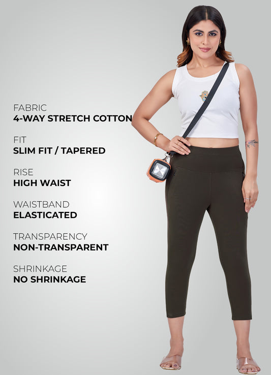 OLIVE GREEN 4-WAY STRETCH COTTON HIGH WAIST CAPRI