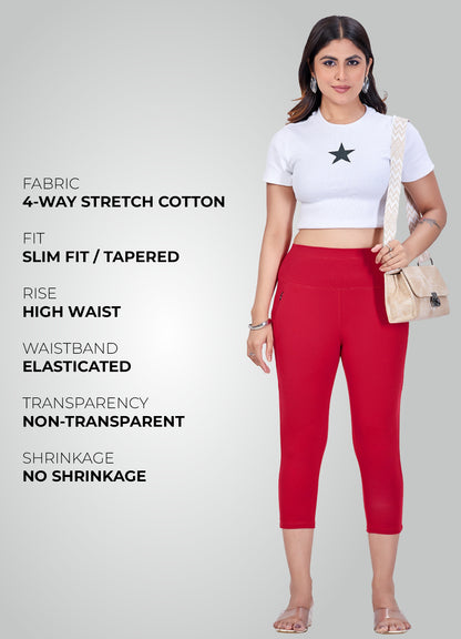 RED 4-WAY STRETCH COTTON HIGH WAIST CAPRI