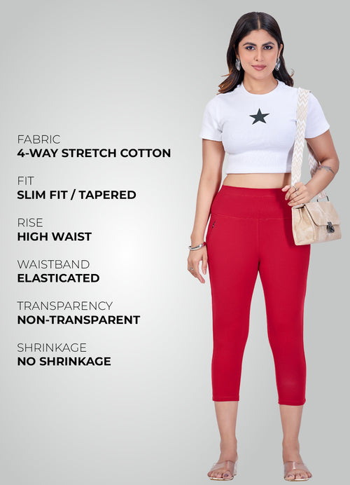 RED 4-WAY STRETCH COTTON HIGH WAIST CAPRI