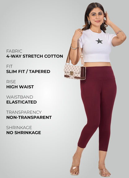 WINE 4-WAY STRETCH COTTON HIGH WAIST CAPRI