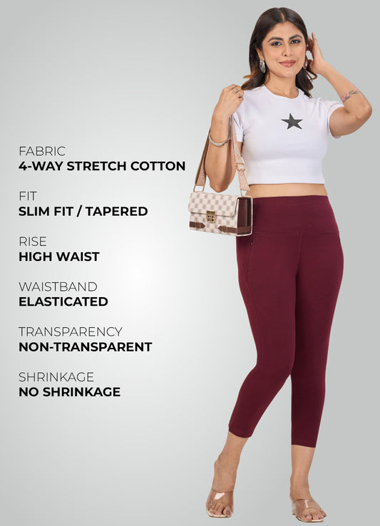 WINE 4-WAY STRETCH COTTON HIGH WAIST CAPRI