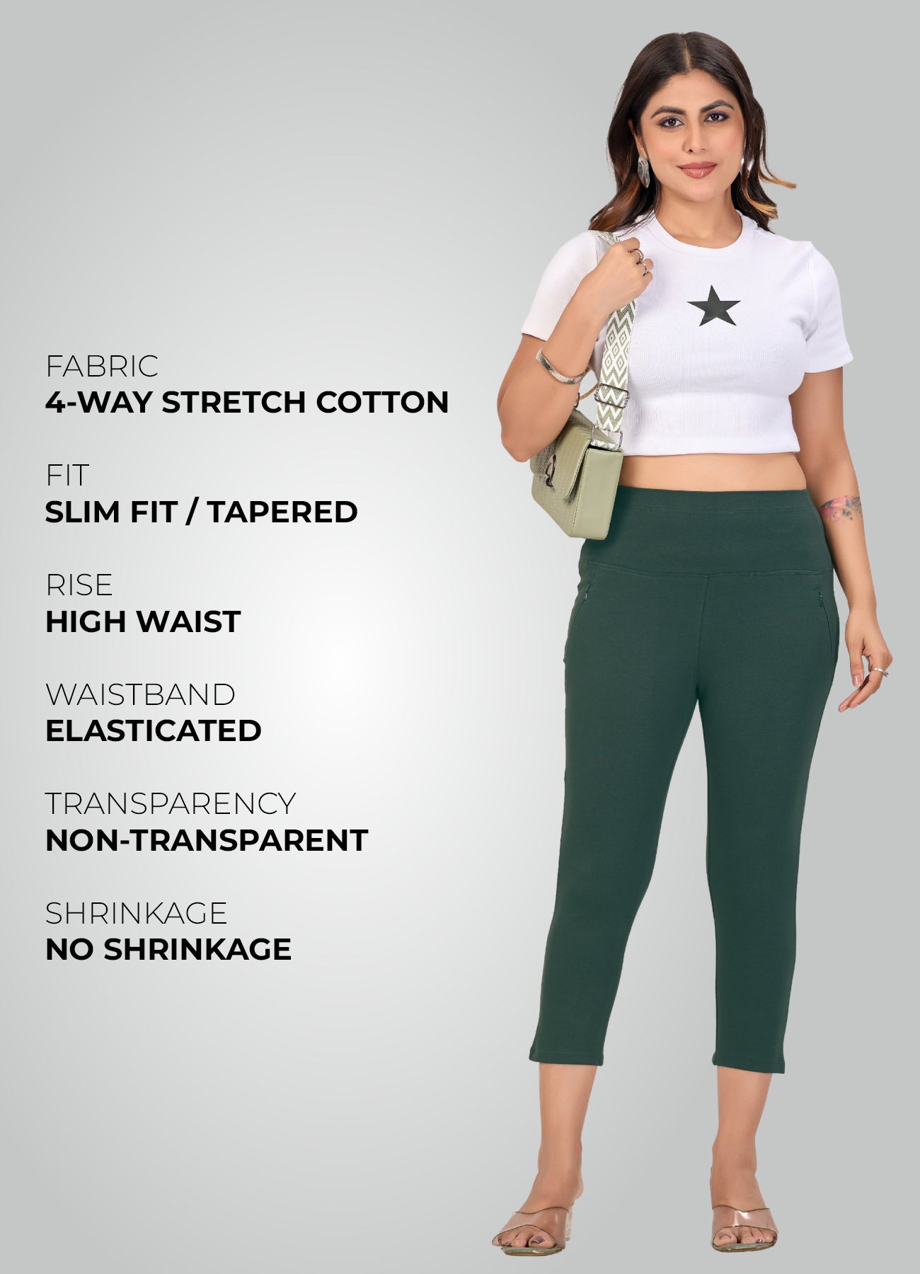 BOTTLE GREEN 4-WAY STRETCH COTTON HIGH WAIST CAPRI