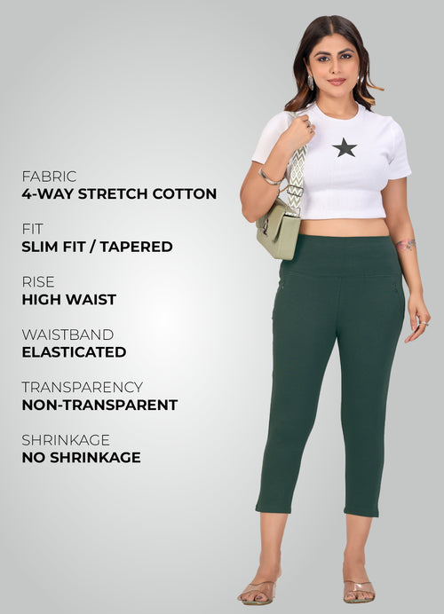 BOTTLE GREEN 4-WAY STRETCH COTTON HIGH WAIST CAPRI