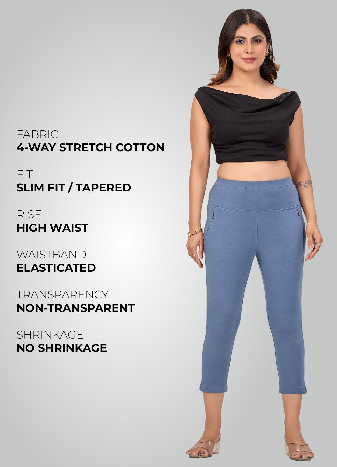 DENIM BLUE 4-WAY STRETCH COTTON HIGH WAIST CAPRI