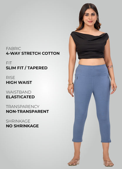 DENIM BLUE 4-WAY STRETCH COTTON HIGH WAIST CAPRI