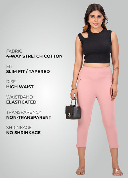 FLAMINGO PINK 4-WAY STRETCH COTTON HIGH WAIST CAPRI