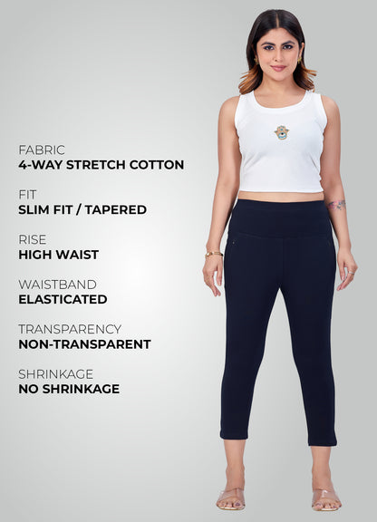 NAVY BLUE 4-WAY STRETCH COTTON HIGH WAIST CAPRI