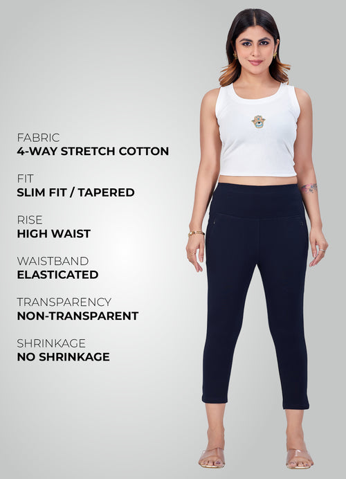 NAVY BLUE 4-WAY STRETCH COTTON HIGH WAIST CAPRI
