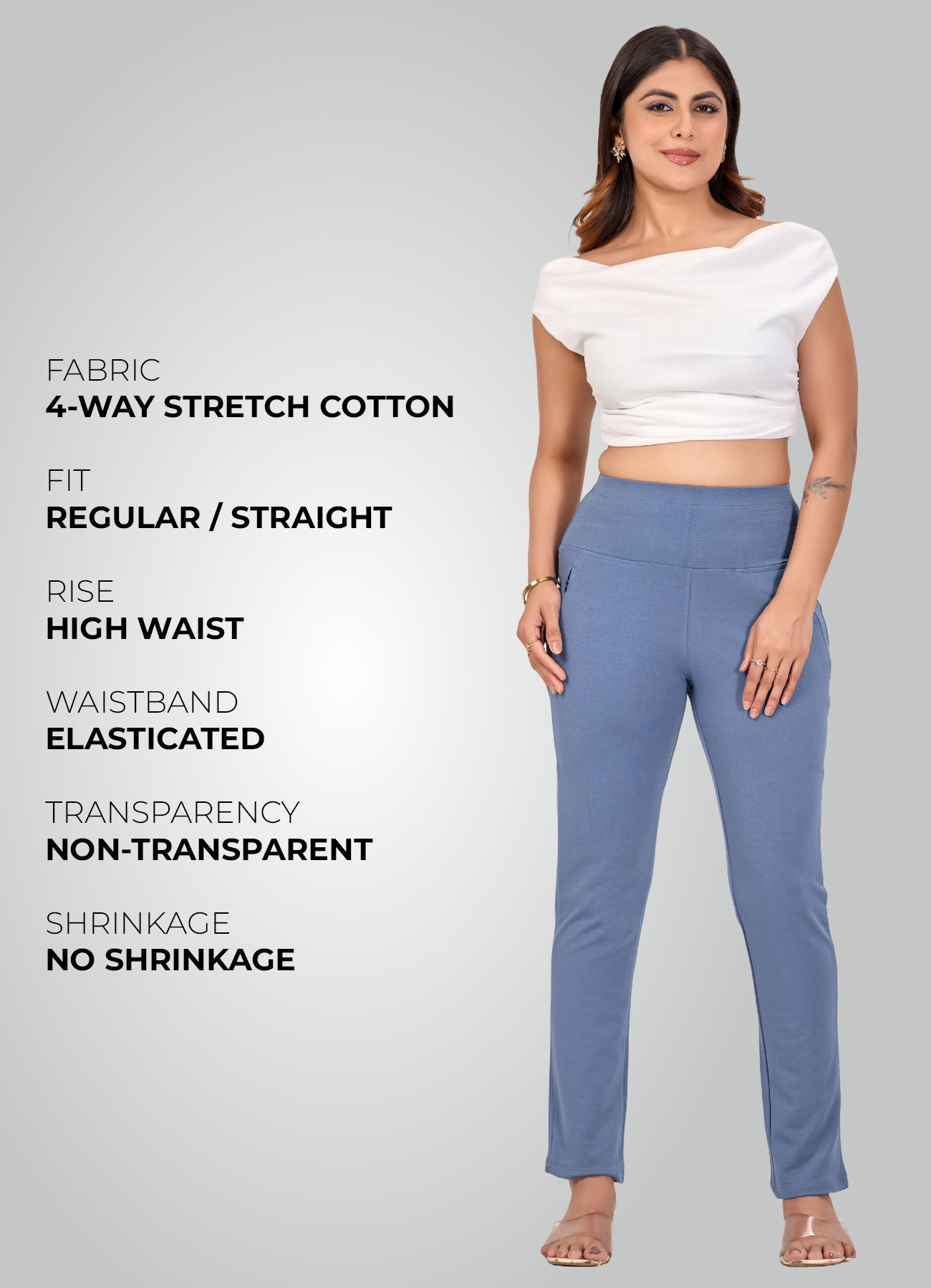 DENIM BLUE 4-WAY STRETCH COTTON HIGH WAIST PANT