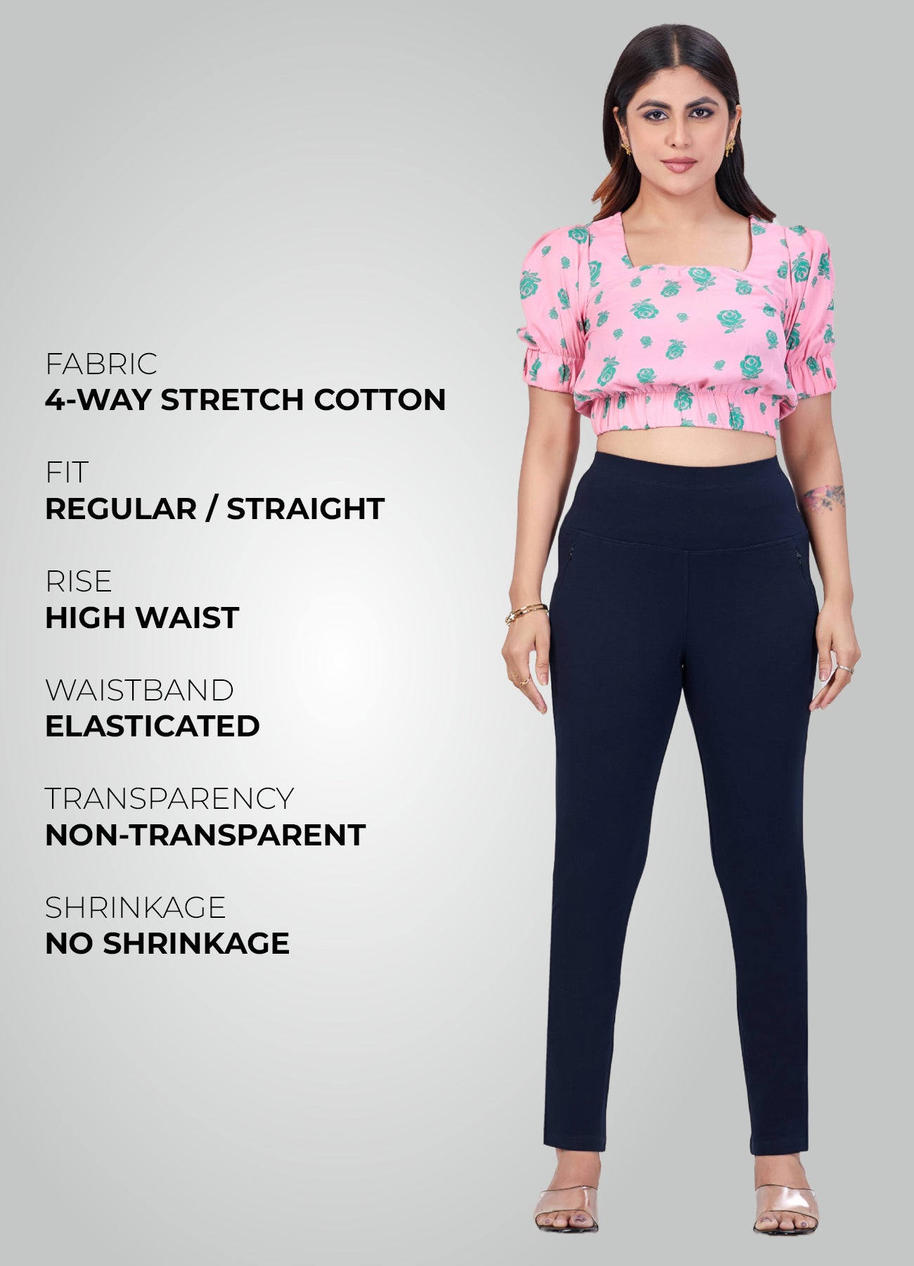 NAVY BLUE 4-WAY STRETCH COTTON HIGH WAIST PANT