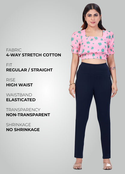 NAVY BLUE 4-WAY STRETCH COTTON HIGH WAIST PANT