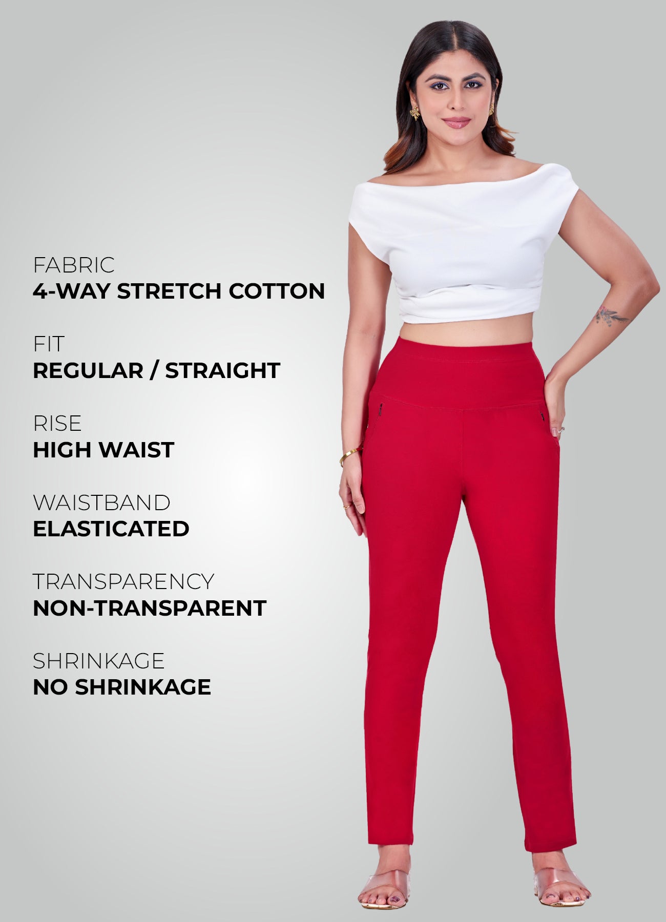 RED 4-WAY STRETCH COTTON HIGH WAIST PANT