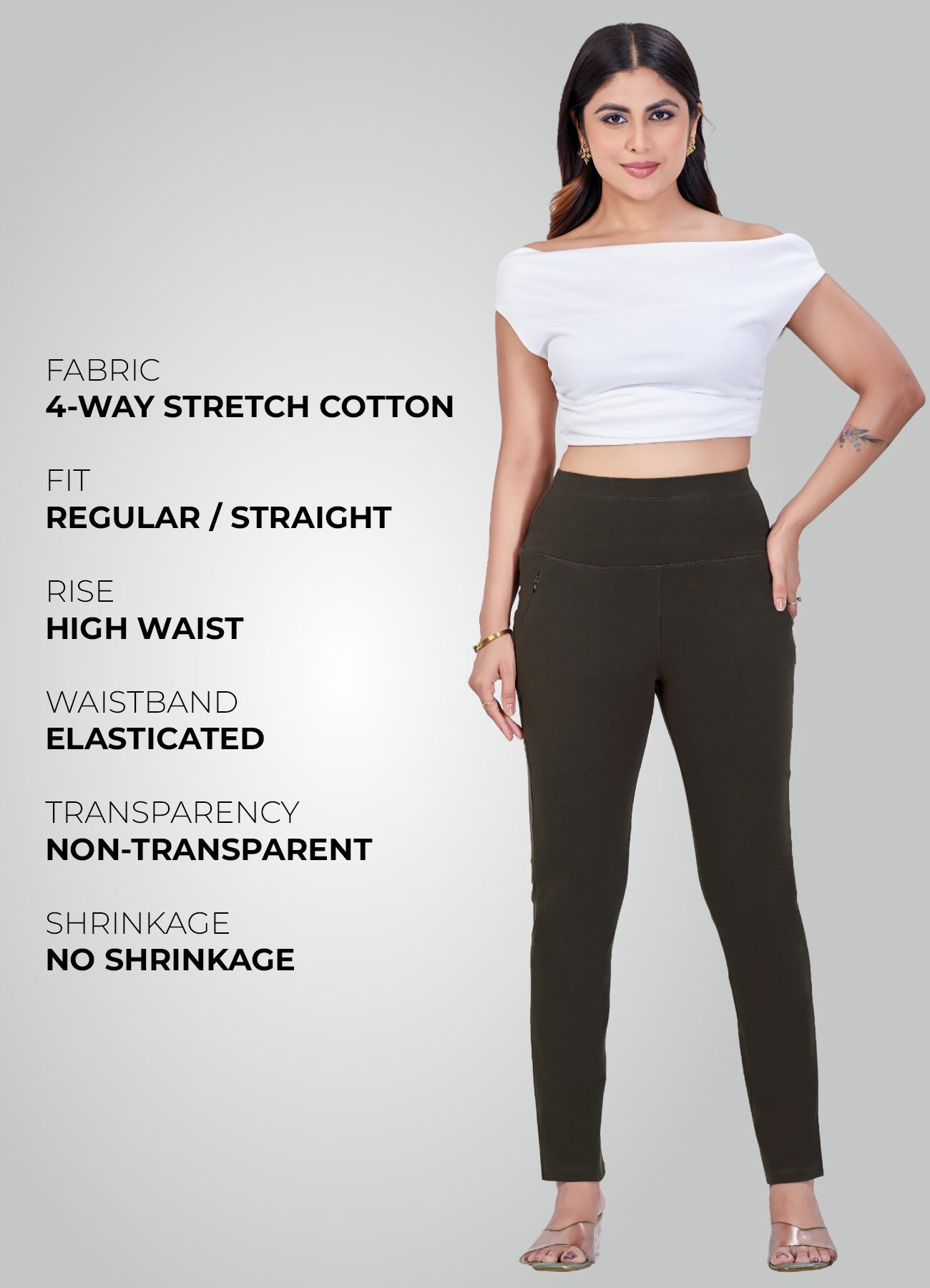 OLIVE GREEN 4-WAY STRETCH COTTON HIGH WAIST PANT