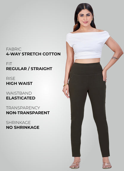 OLIVE GREEN 4-WAY STRETCH COTTON HIGH WAIST PANT