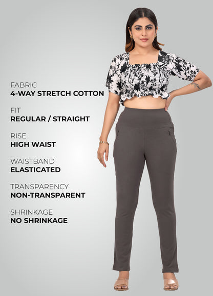 DARK GREY 4-WAY STRETCH COTTON HIGH WAIST PANT