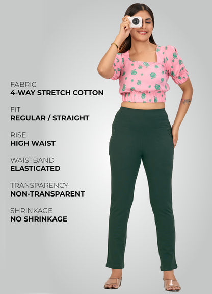 BOTTLE GREEN 4-WAY STRETCH COTTON HIGH WAIST PANT