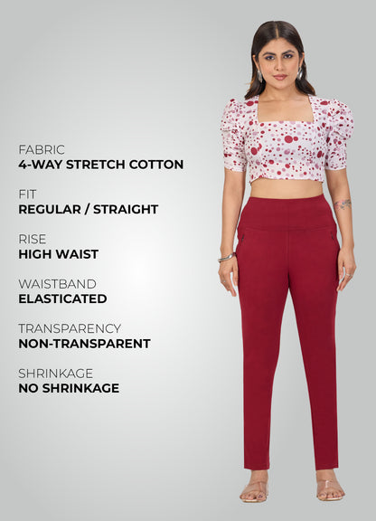 MAROON 4-WAY STRETCH COTTON HIGH WAIST PANT