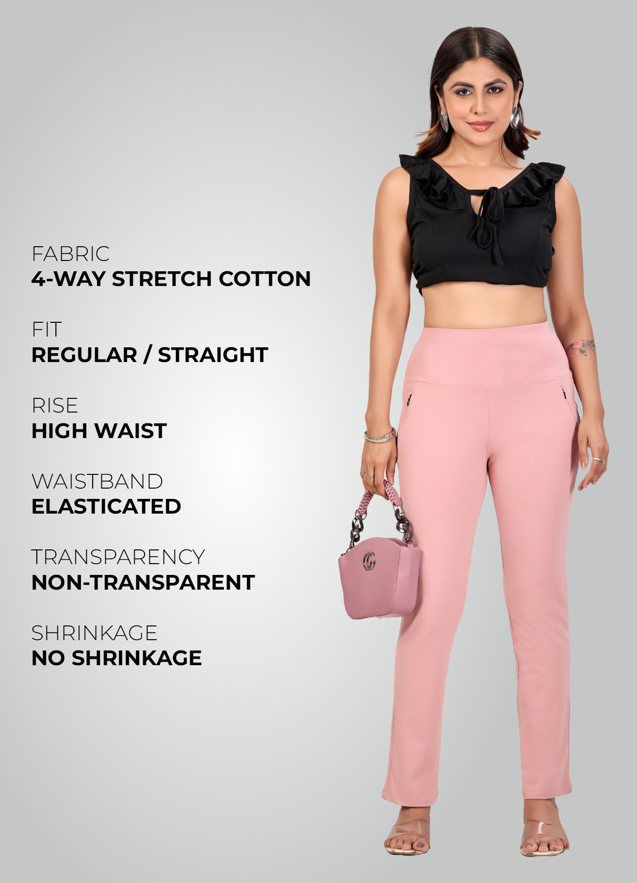 FLAMINGO PINK 4-WAY STRETCH COTTON HIGH WAIST PANT