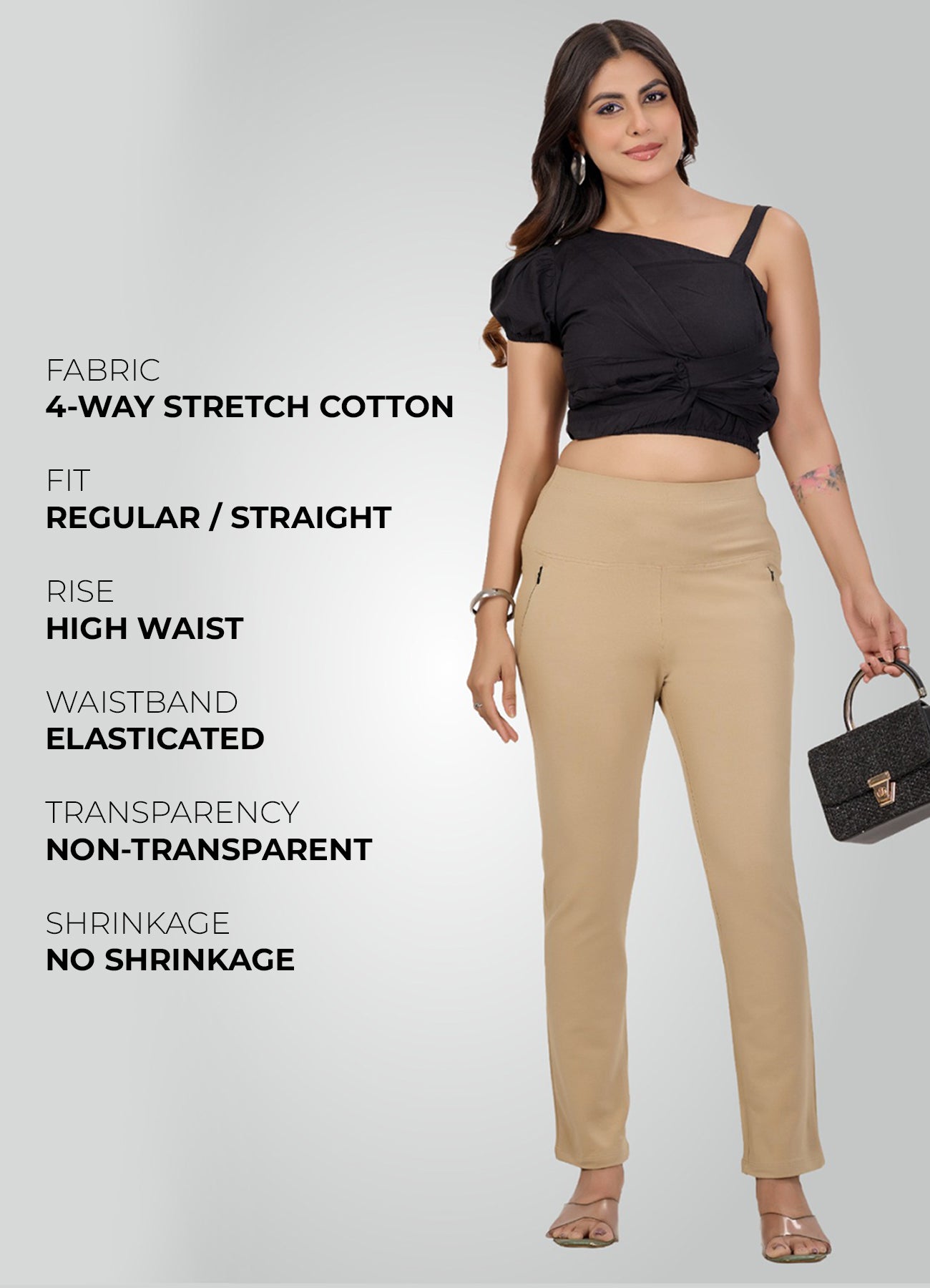 BEIGE 4-WAY STRETCH COTTON HIGH WAIST PANT