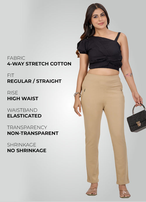 BEIGE 4-WAY STRETCH COTTON HIGH WAIST PANT