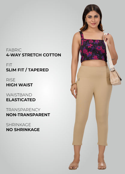 BEIGE 4-WAY STRETCH COTTON HIGH WAIST CAPRI