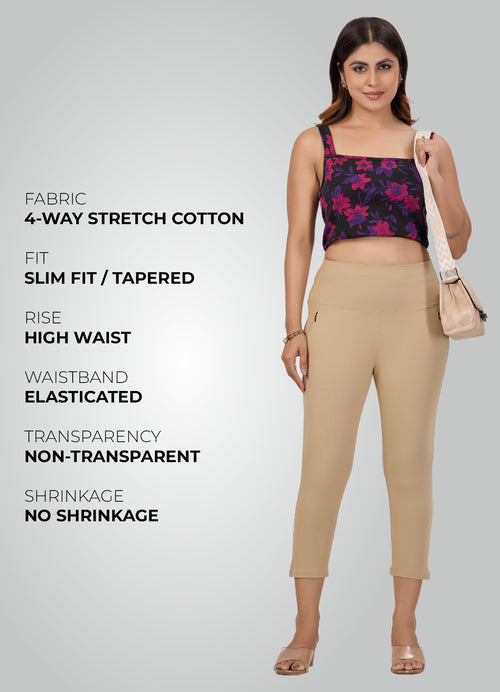 BEIGE 4-WAY STRETCH COTTON HIGH WAIST CAPRI