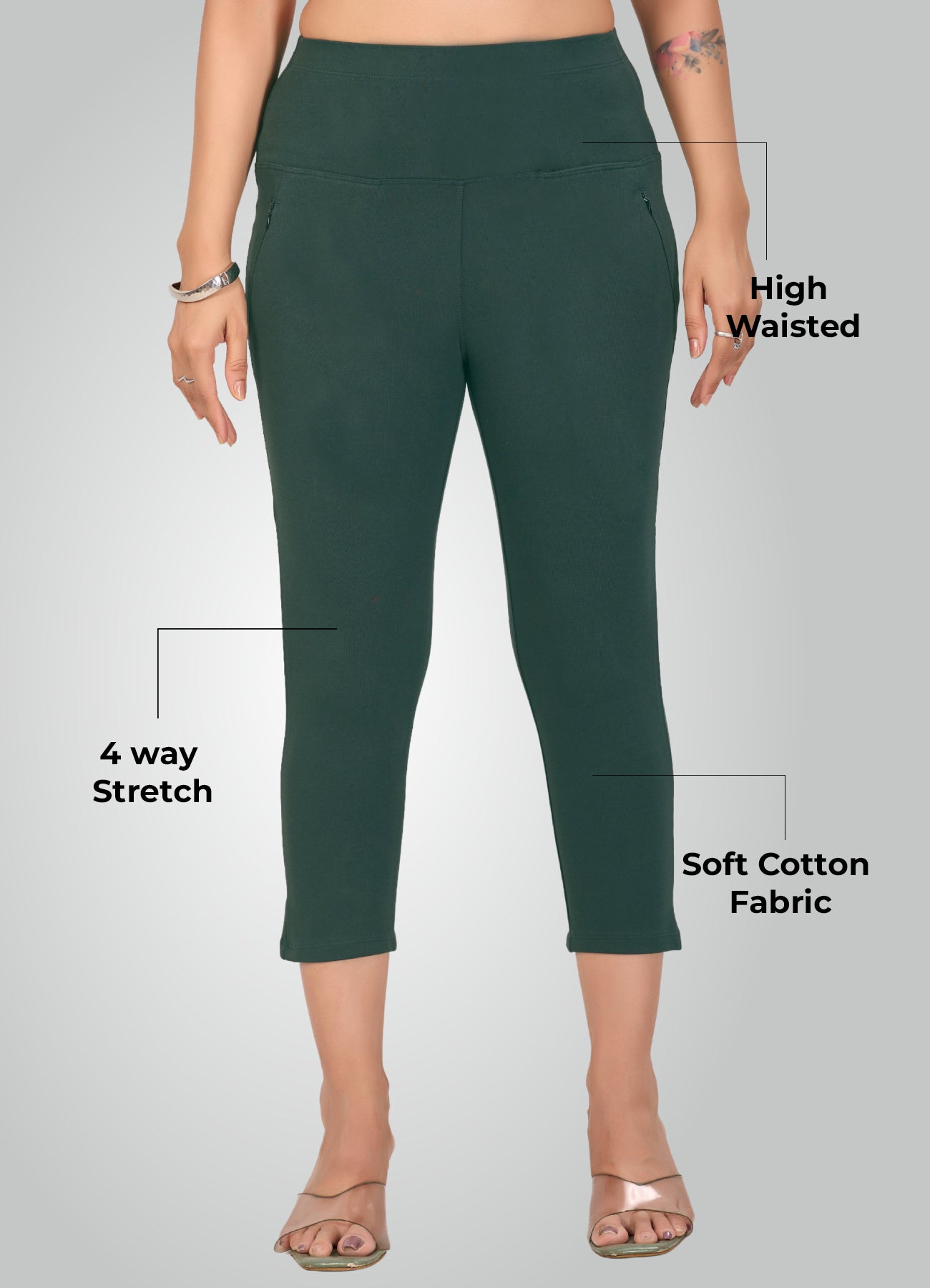 BOTTLE GREEN 4-WAY STRETCH COTTON HIGH WAIST CAPRI