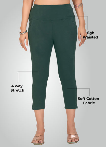 BOTTLE GREEN 4-WAY STRETCH COTTON HIGH WAIST CAPRI