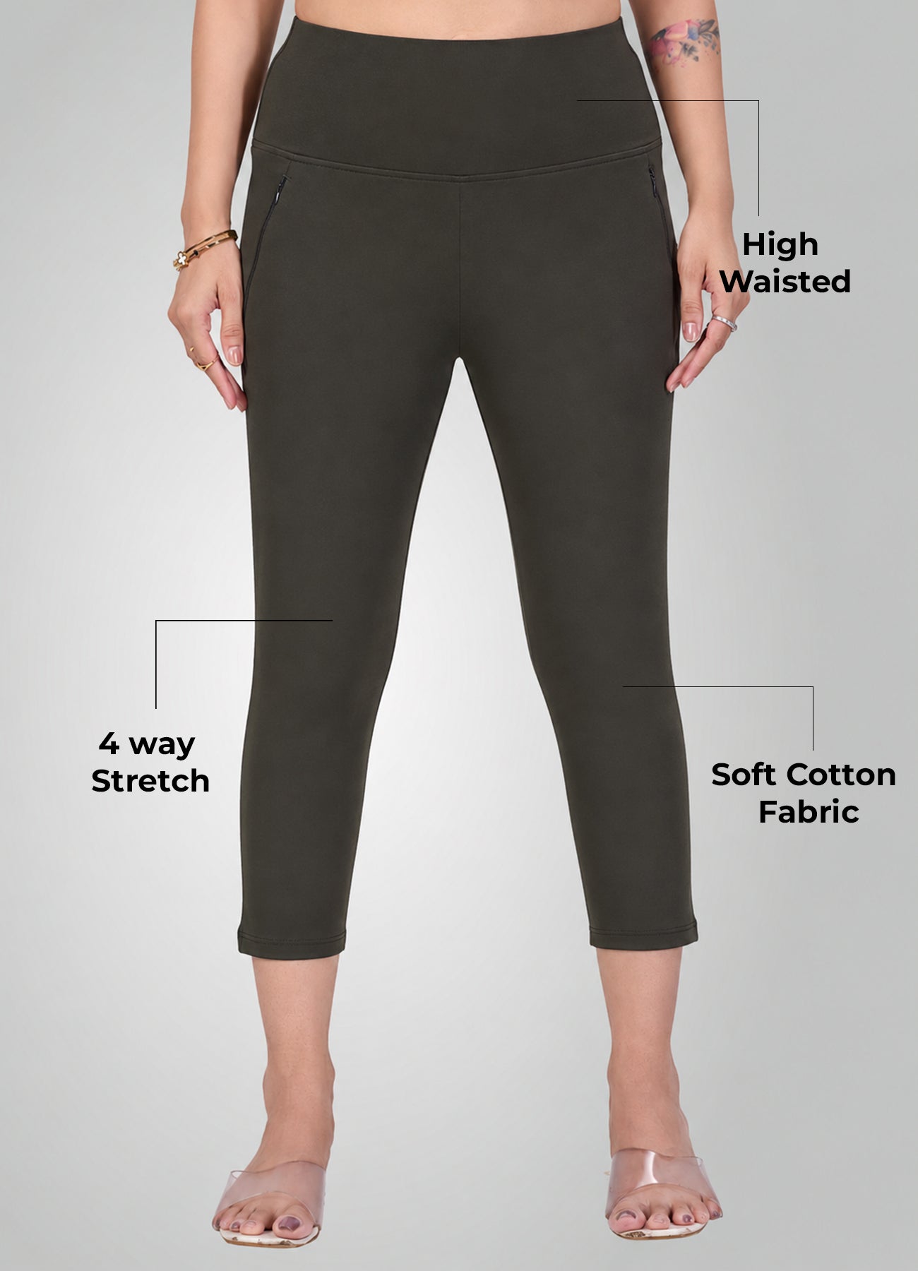 OLIVE GREEN 4-WAY STRETCH COTTON HIGH WAIST CAPRI