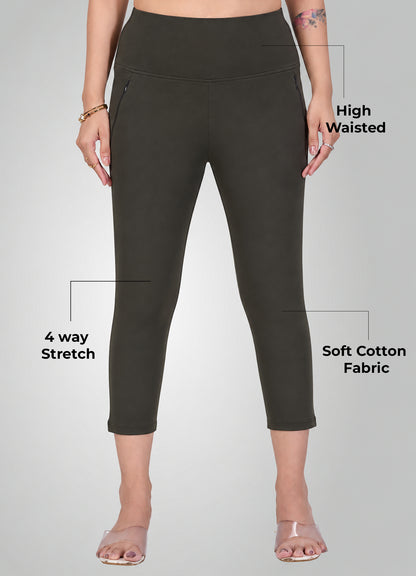 OLIVE GREEN 4-WAY STRETCH COTTON HIGH WAIST CAPRI