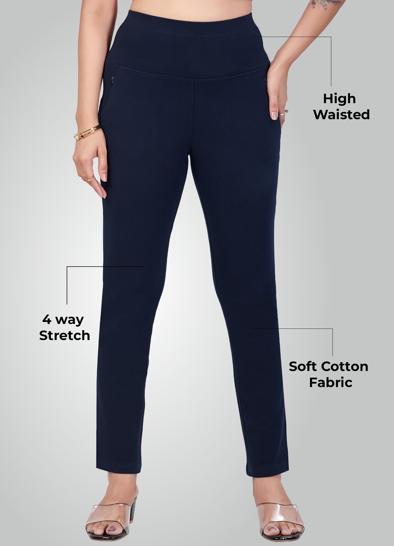 NAVY BLUE 4-WAY STRETCH COTTON HIGH WAIST PANT