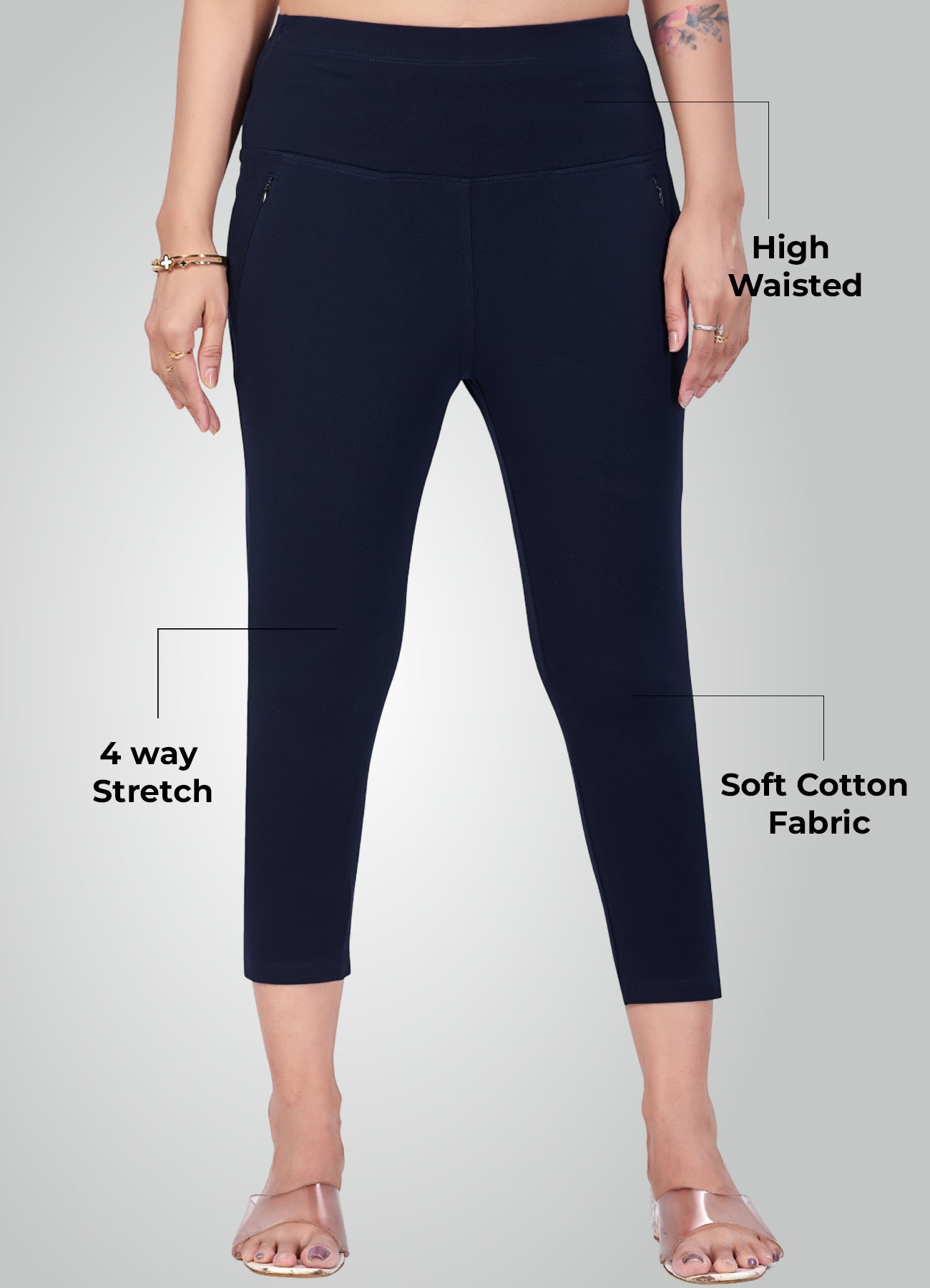 NAVY BLUE 4-WAY STRETCH COTTON HIGH WAIST CAPRI