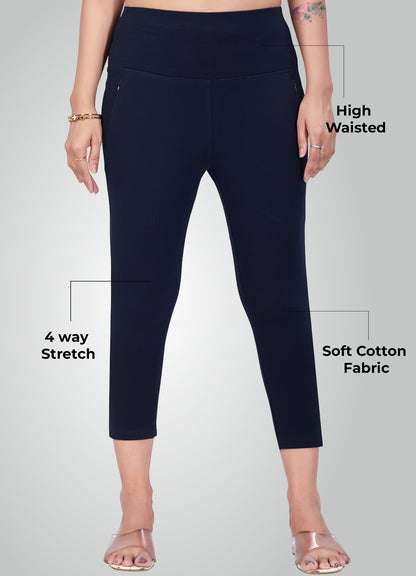 NAVY BLUE 4-WAY STRETCH COTTON HIGH WAIST CAPRI