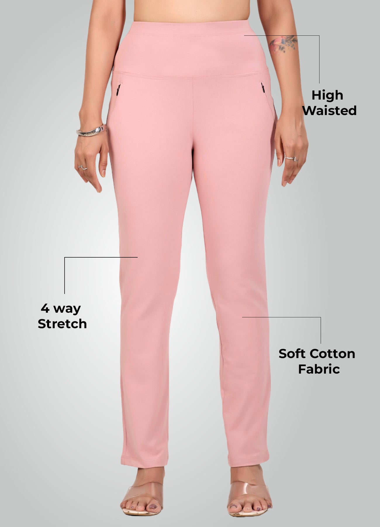 FLAMINGO PINK 4-WAY STRETCH COTTON HIGH WAIST PANT