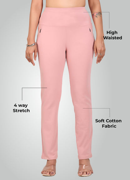 FLAMINGO PINK 4-WAY STRETCH COTTON HIGH WAIST PANT