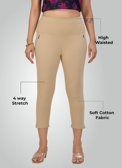 BEIGE 4-WAY STRETCH COTTON HIGH WAIST CAPRI