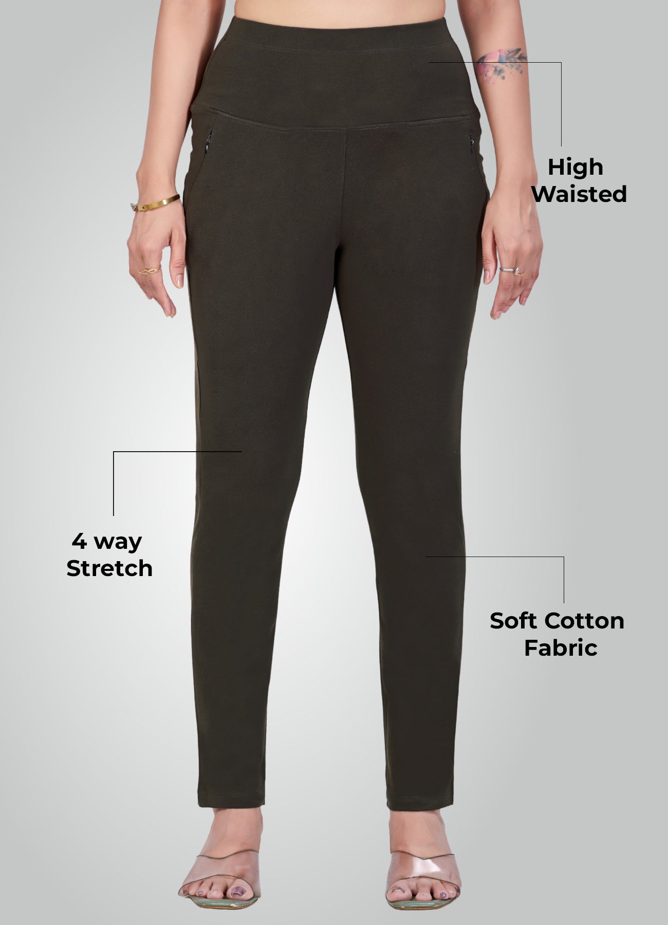 OLIVE GREEN 4-WAY STRETCH COTTON HIGH WAIST PANT