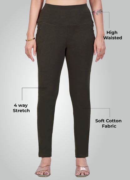 OLIVE GREEN 4-WAY STRETCH COTTON HIGH WAIST PANT