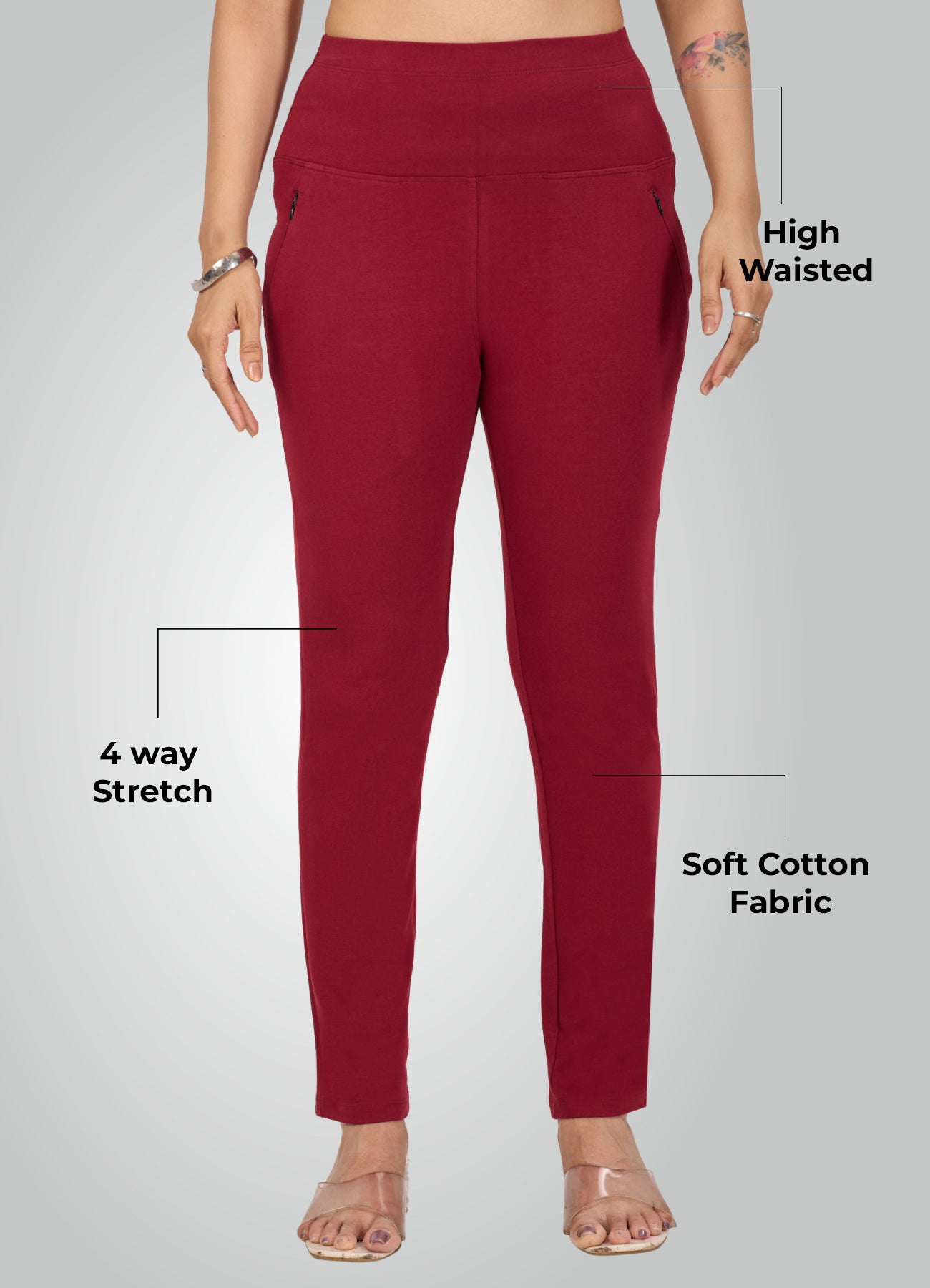 MAROON 4-WAY STRETCH COTTON HIGH WAIST PANT