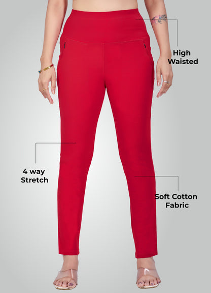 RED 4-WAY STRETCH COTTON HIGH WAIST PANT