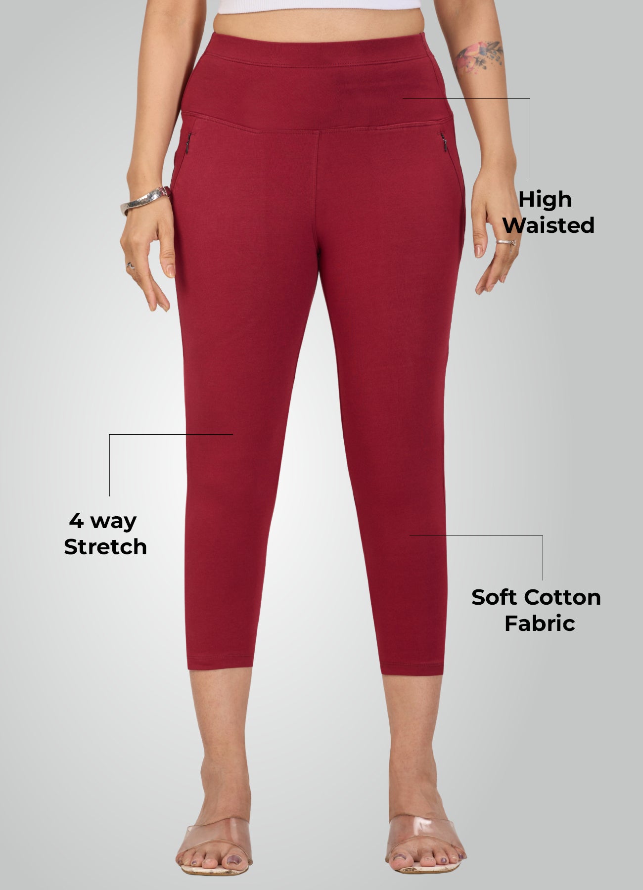 MAROON 4-WAY STRETCH COTTON HIGH WAIST CAPRI