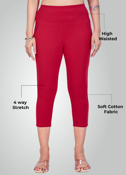 RED 4-WAY STRETCH COTTON HIGH WAIST CAPRI